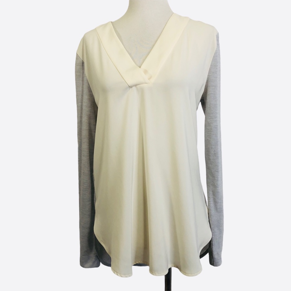 Ann Taylor Semi Sheer Tunic Top Long Sleeve V-neck Blouse Ivory Gray